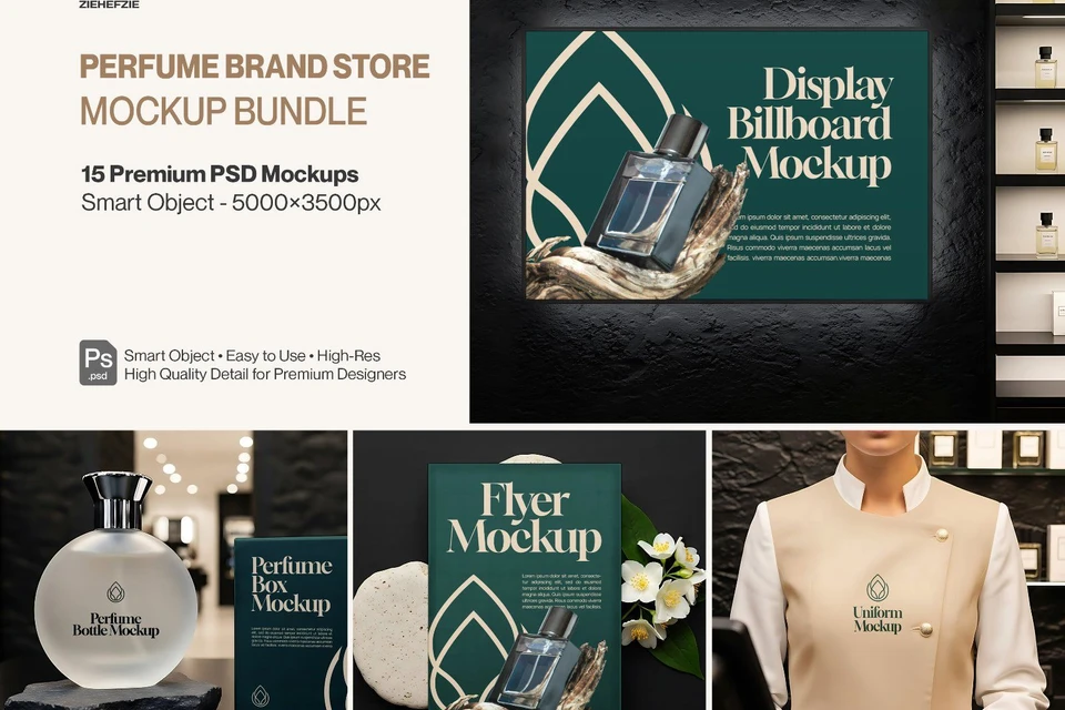 Perfume Brand Store Mockup Bundle PSD – Luxury Fragrance Retail Branding Set