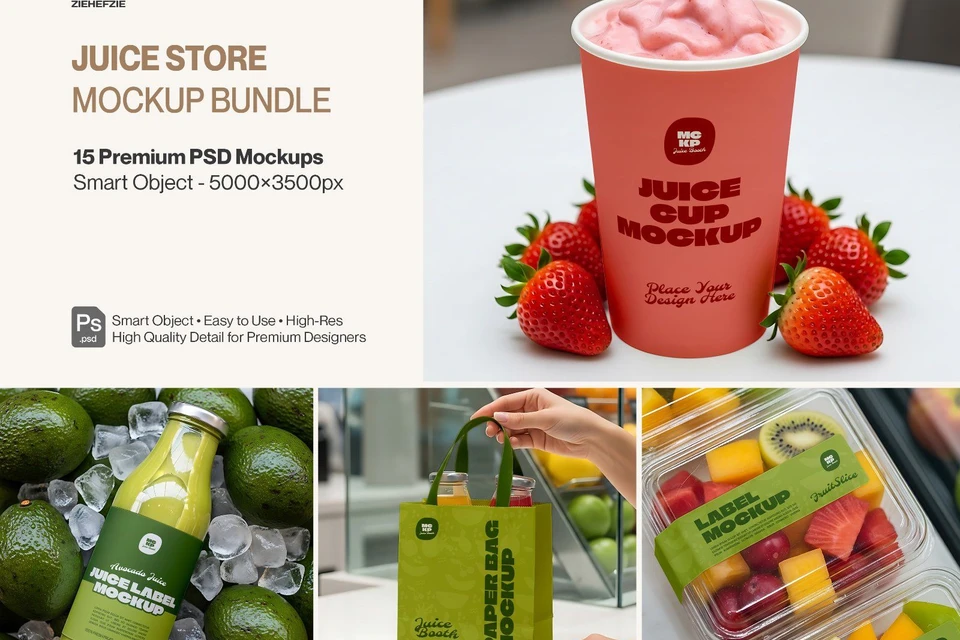 Juice Store Mockup Bundle Fresh Juice Branding & Packaging