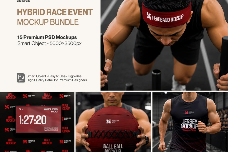 Premium Hybrid Race Event Mockup Bundle – 15 Tactical Sports PSD Scenes for Fitness Racing, Hyrox &