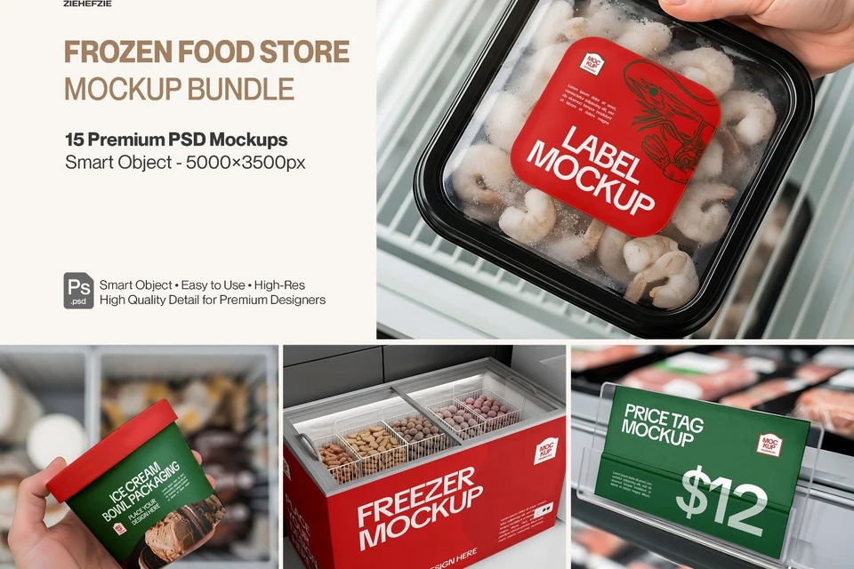 Frozen Food Store Mockup Bundle PSD – Freezer, Packaging & Price Tag Display
