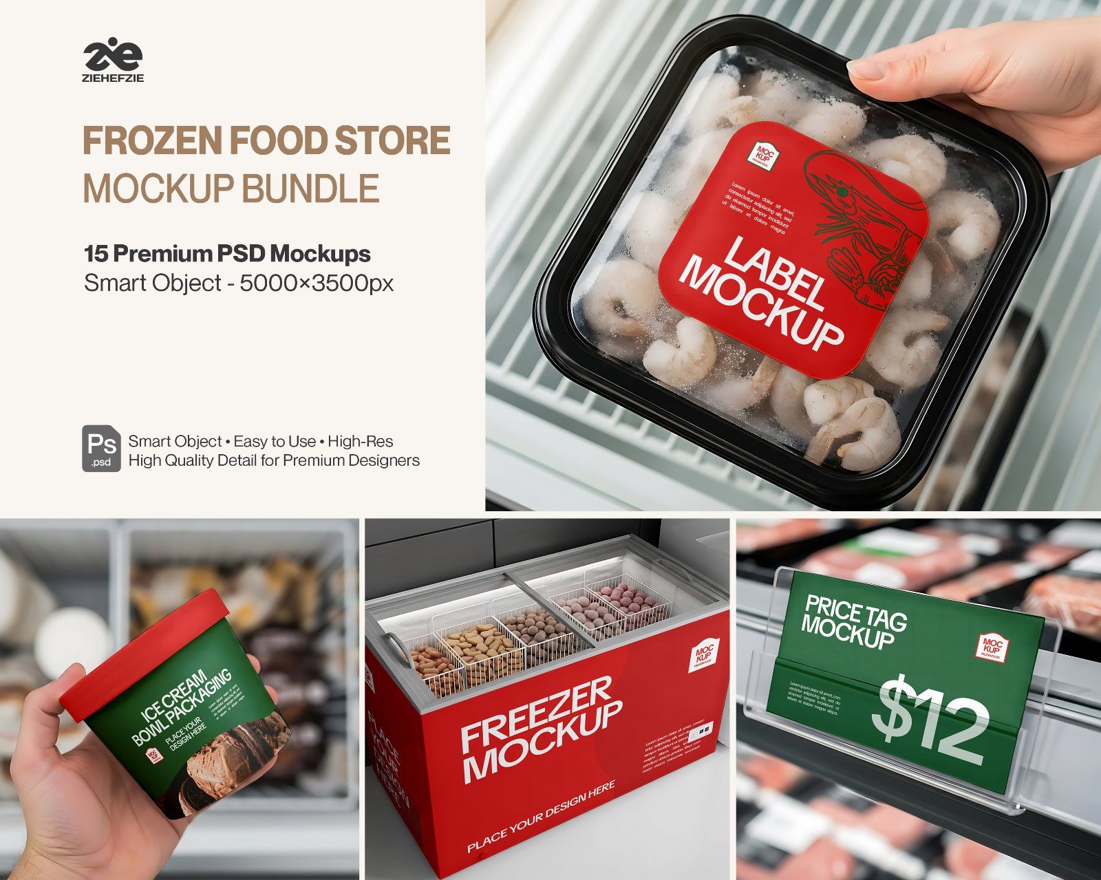 Frozen Food Store Mockup Bundle PSD – Freezer, Packaging & Price Tag Display