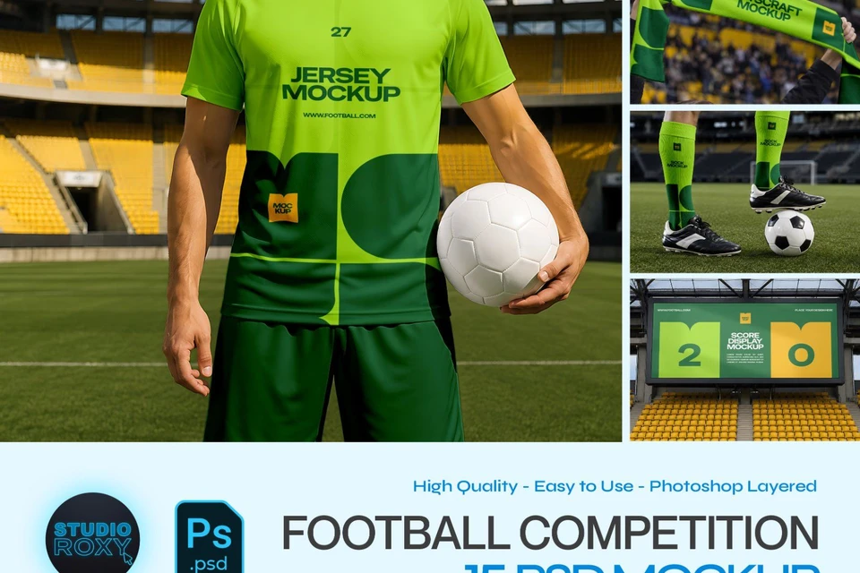 Premium Football Competition Mockup Bundle – 15 Stadium PSD Scenes for Soccer Kits, Fan Merchandise