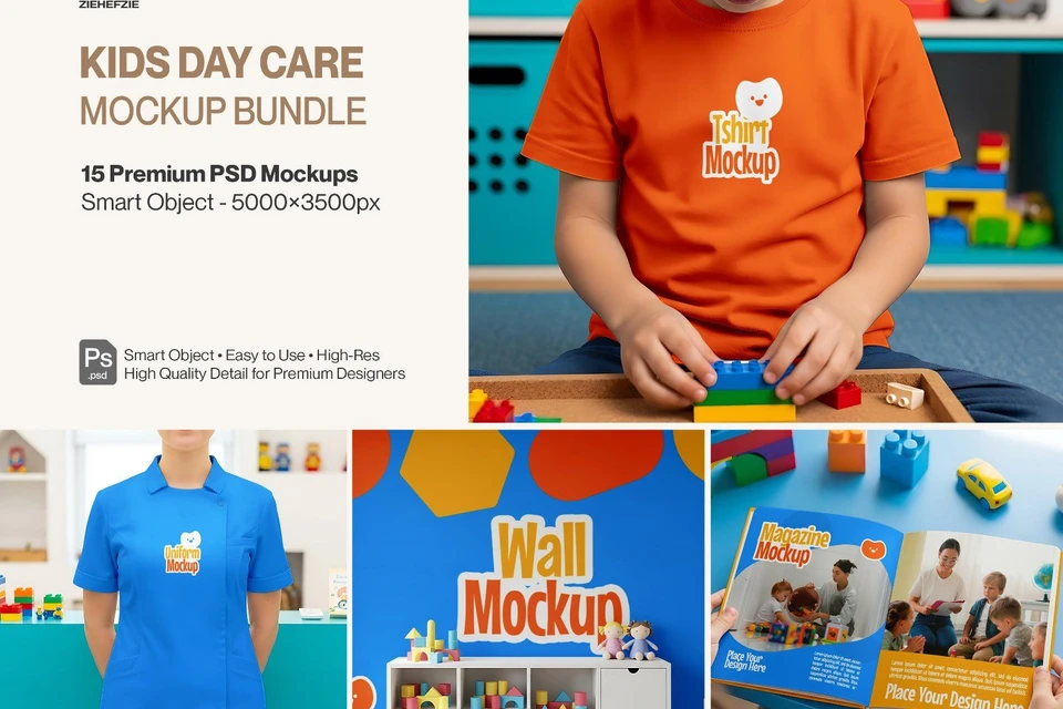 Premium Kids Day Care Mockup BundleKindergarten Branding PSD Mockups