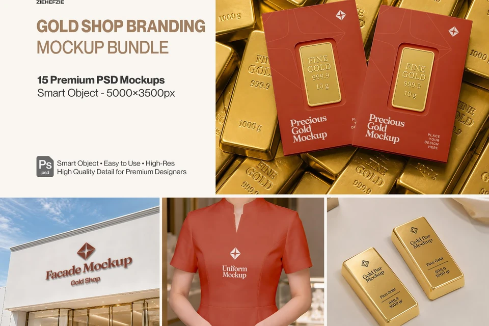 Premium Gold Shop Branding Mockup Bundle – 15 Luxury PSD Scenes for Precious Metal Retail, Jewelry B