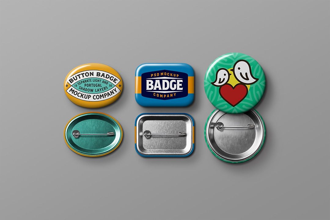 Button Badge Mockup Set - Round, Rectangle & Oval (3 Objects)