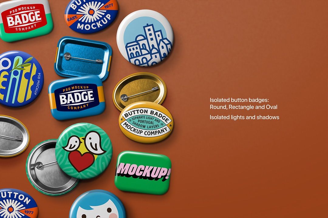 Button Badge Mockup Set - Round, Rectangle & Oval (3 Objects)
