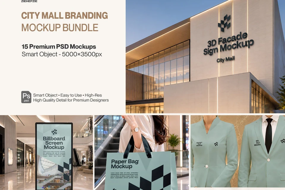 Premium City Mall Branding Mockup Bundle – 15 Giant PSD Scenes for Shopping Center & Retail Mega Arc