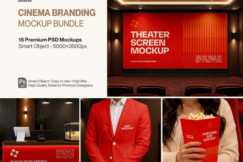 Premium Cinema Branding Mockup Bundle – 15 Cinematic PSD Scenes for Theater, Movie & Entertainment I