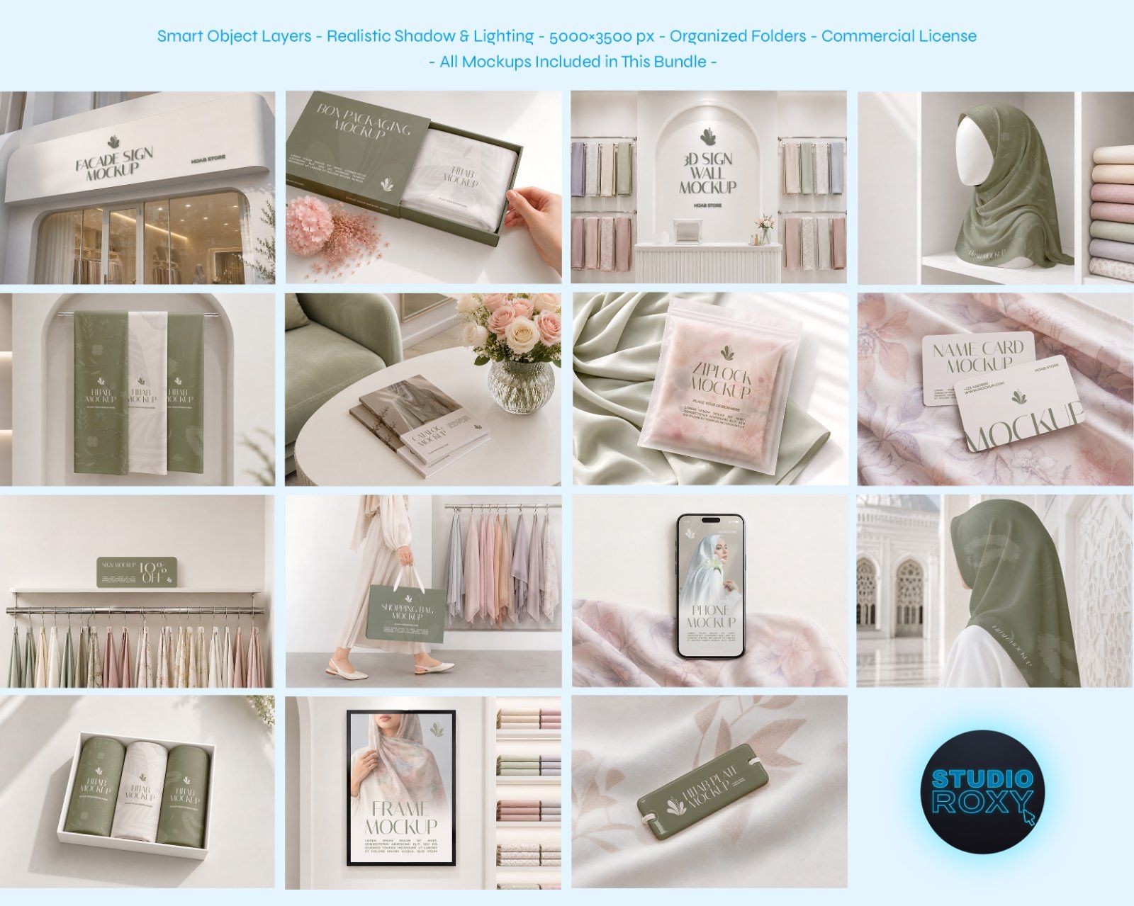 Premium Muslim Clothing Store Mockup Bundle – 15 Aesthetic PSD Scenes for Hijab Boutique, Modest Fas