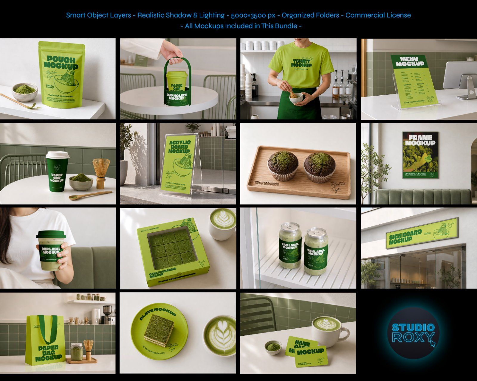 Premium Matcha Cafe Branding Mockup Bundle – 15 Aesthetic PSD Scenes for Tea House, Bakery & Packagi