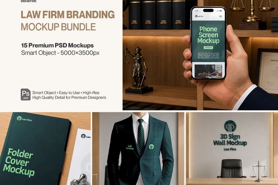 Premium Law Firm Branding Mockup Bundle – 15 Corporate PSD Scenes for Attorney, Lawyer