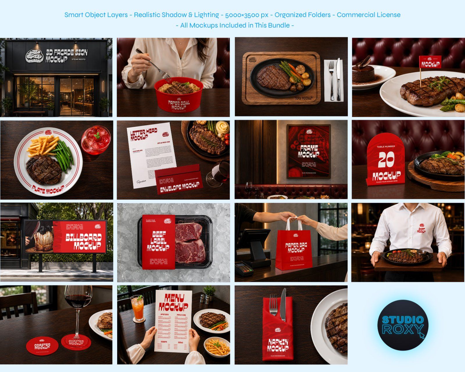 Premium Steakhouse Restaurant Branding Mockup Bundle – 15 Luxury PSD Scenes for Steak House, Bistro