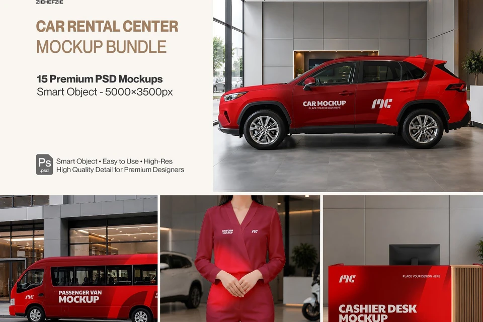 Ultimate Car Rental Branding Mockup Bundle – 15 Premium PSD Scenes for Automotive Travel & Fleet Ide