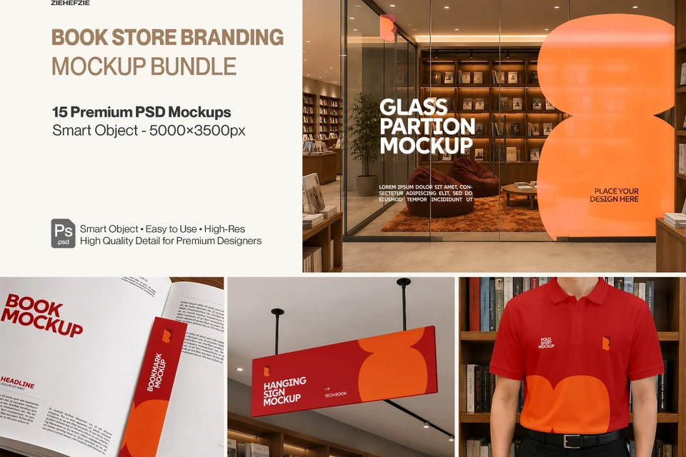 Premium Book Store Branding Mockup Bundle – 15 Literary PSD Scenes for Bookstores, Publishing Houses