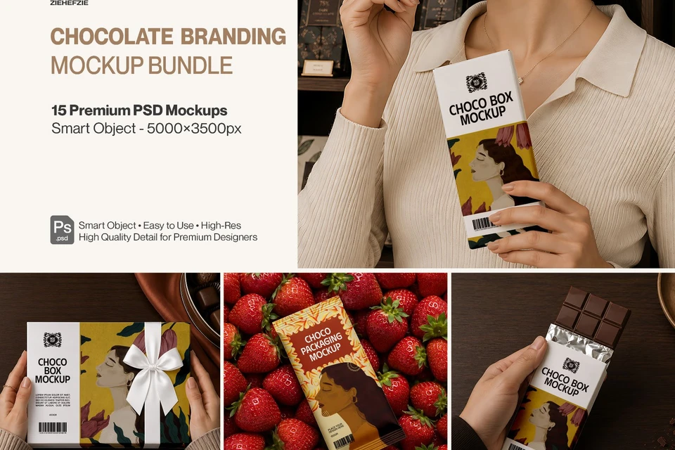 Premium Chocolate Branding Mockup Bundle – 15 Gourmet PSD Scenes for Artisan Packaging, Chocolate Ba