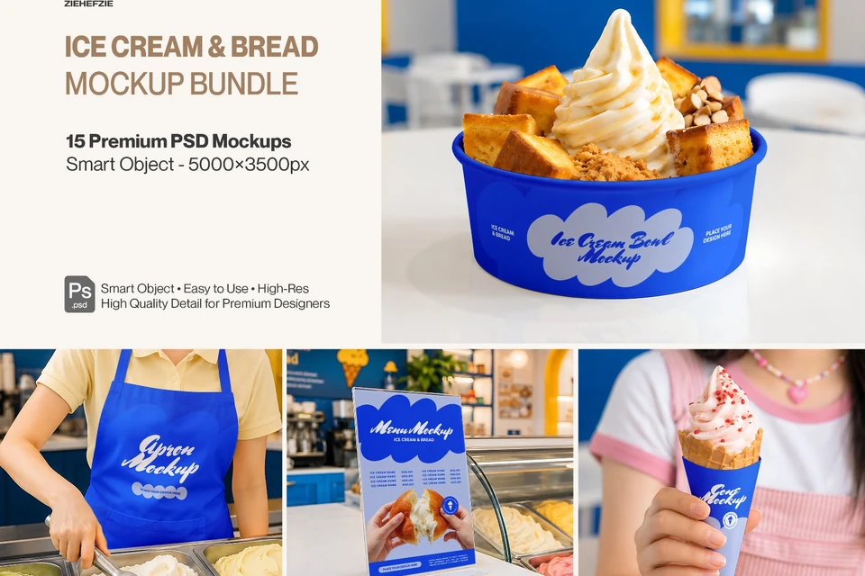 Premium Ice Cream & Bakery Branding Mockup Bundle – 15 Sweet PSD Scenes for Dessert Cafes, Food Pack