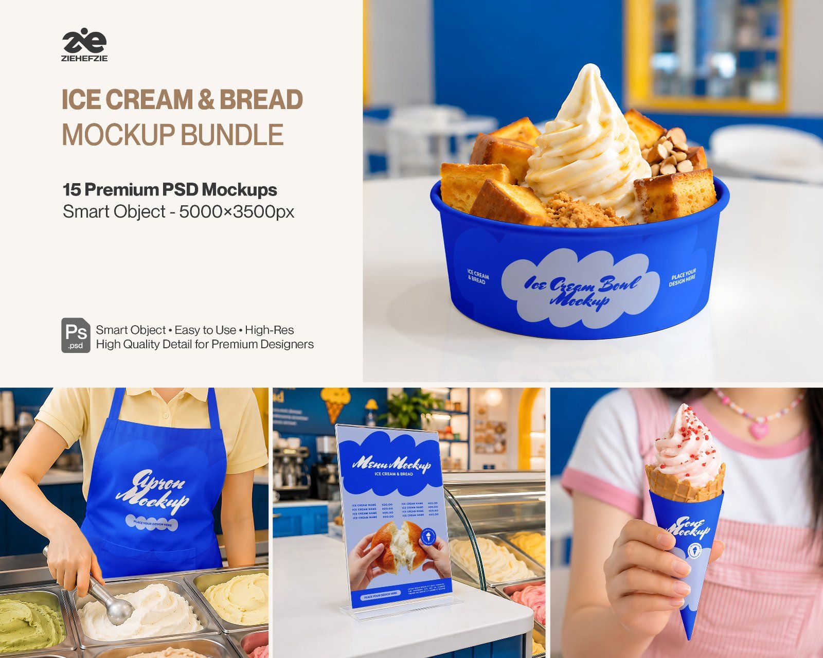 Premium Ice Cream & Bakery Branding Mockup Bundle – 15 Sweet PSD Scenes for Dessert Cafes, Food Pack