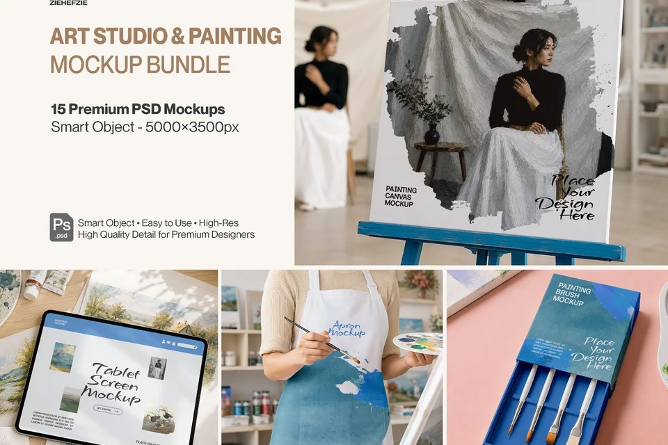 Premium Art Studio & Painting Mockup Bundle – 15 Creative PSD Scenes for Artists, Fine Art Branding