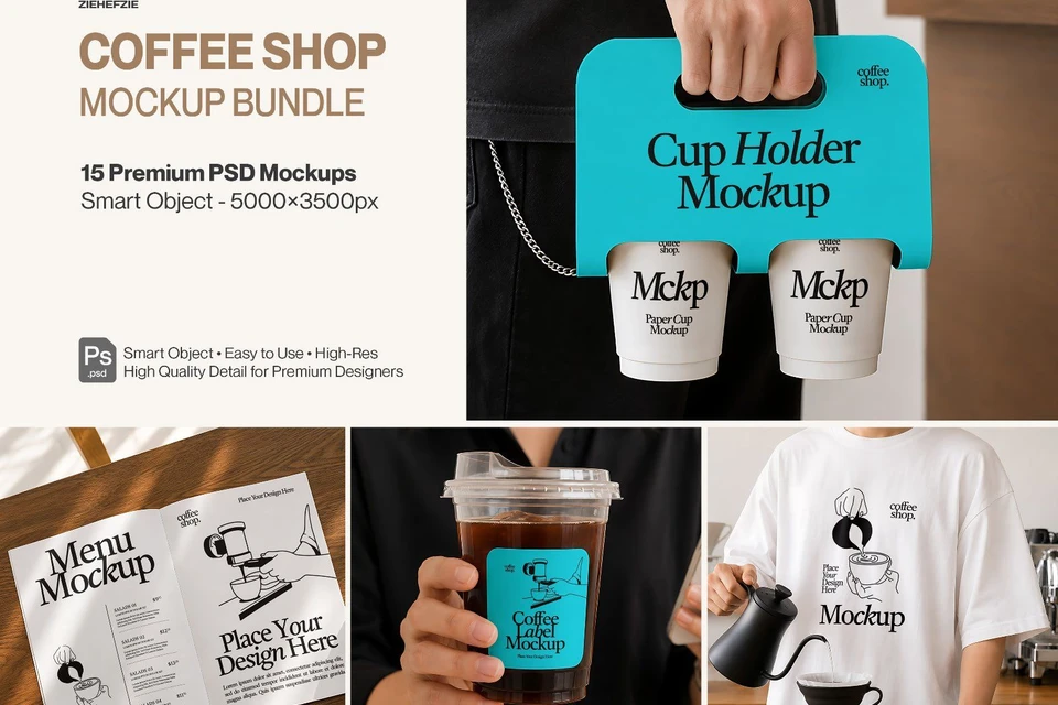 Premium Coffee Shop Branding Mockup Bundle – 15 Aesthetic PSD Scenes for Cafe & Coffee Roastery Iden