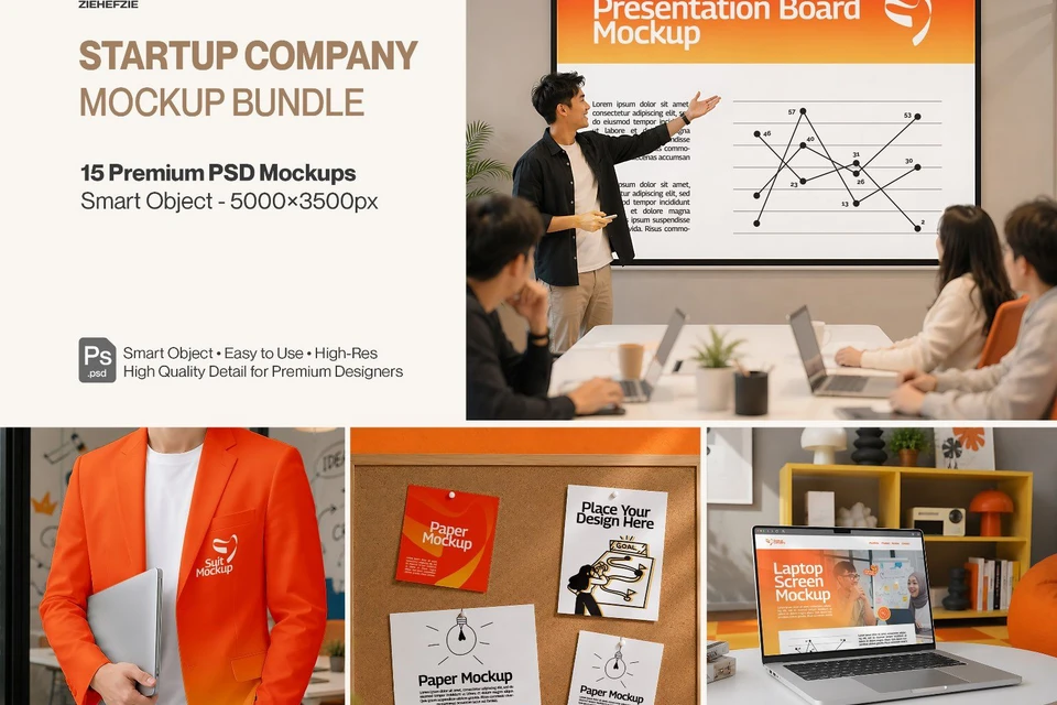 Premium Startup Company Branding Mockup Bundle – 15 Creative Corporate PSD Scenes for Tech Startups,