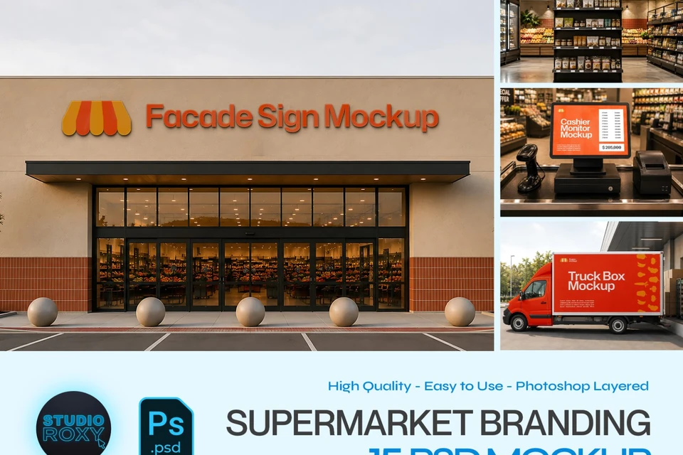 Supermarket Branding Mockup Bundle - 15 PSD Templates Grocery Store & Retail Store Branding