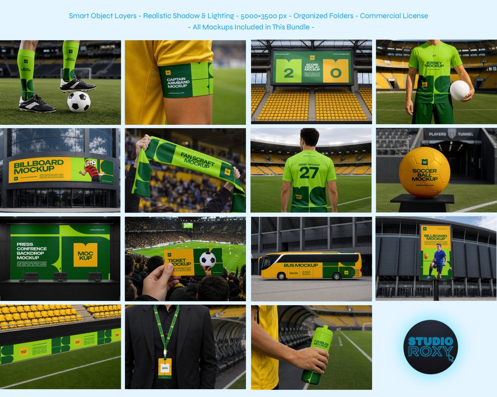Premium Football Competition Mockup Bundle – 15 Stadium PSD Scenes for Soccer Kits, Fan Merchandise