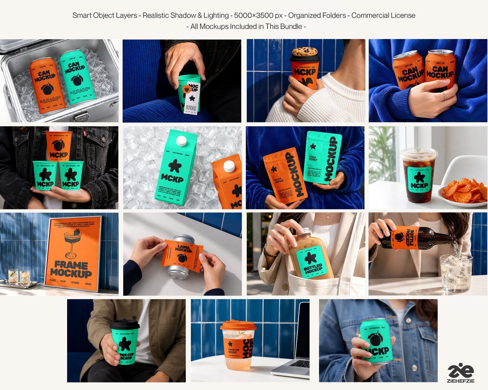 Premium Beverage Packaging Mockup Bundle – 15 Bold PSD Scenes for Modern Juice, Coffee & Soda Brandi
