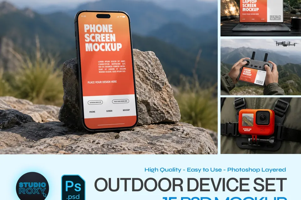 Outdoor Device Set Mockup Bundle - 15 PSD Templates  Outdoor & Adventure Tech Device Branding