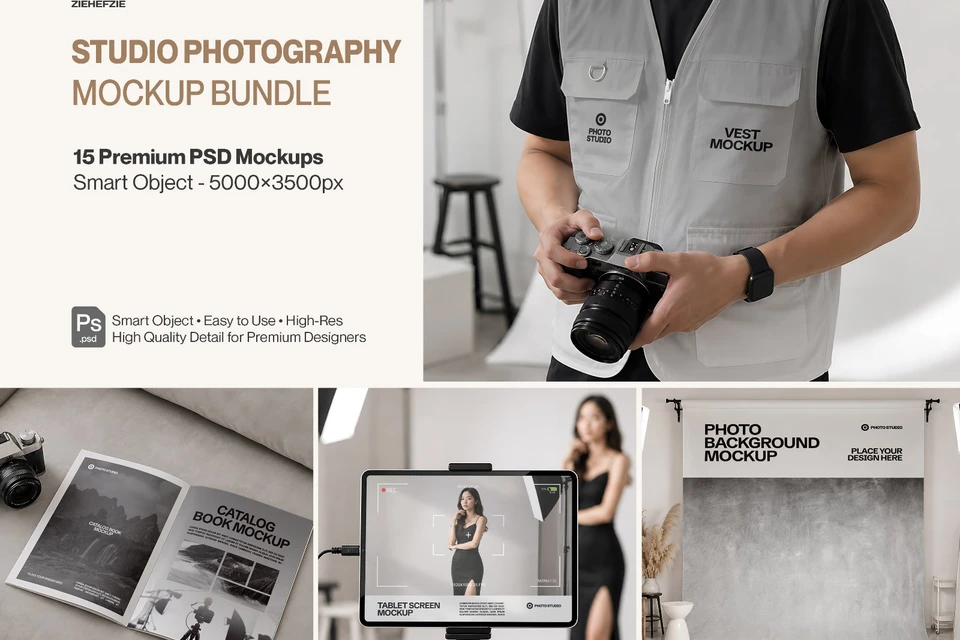 Premium Studio Photography Branding Mockup Bundle – 15 Creative Production PSD Scenes for Photo Stud
