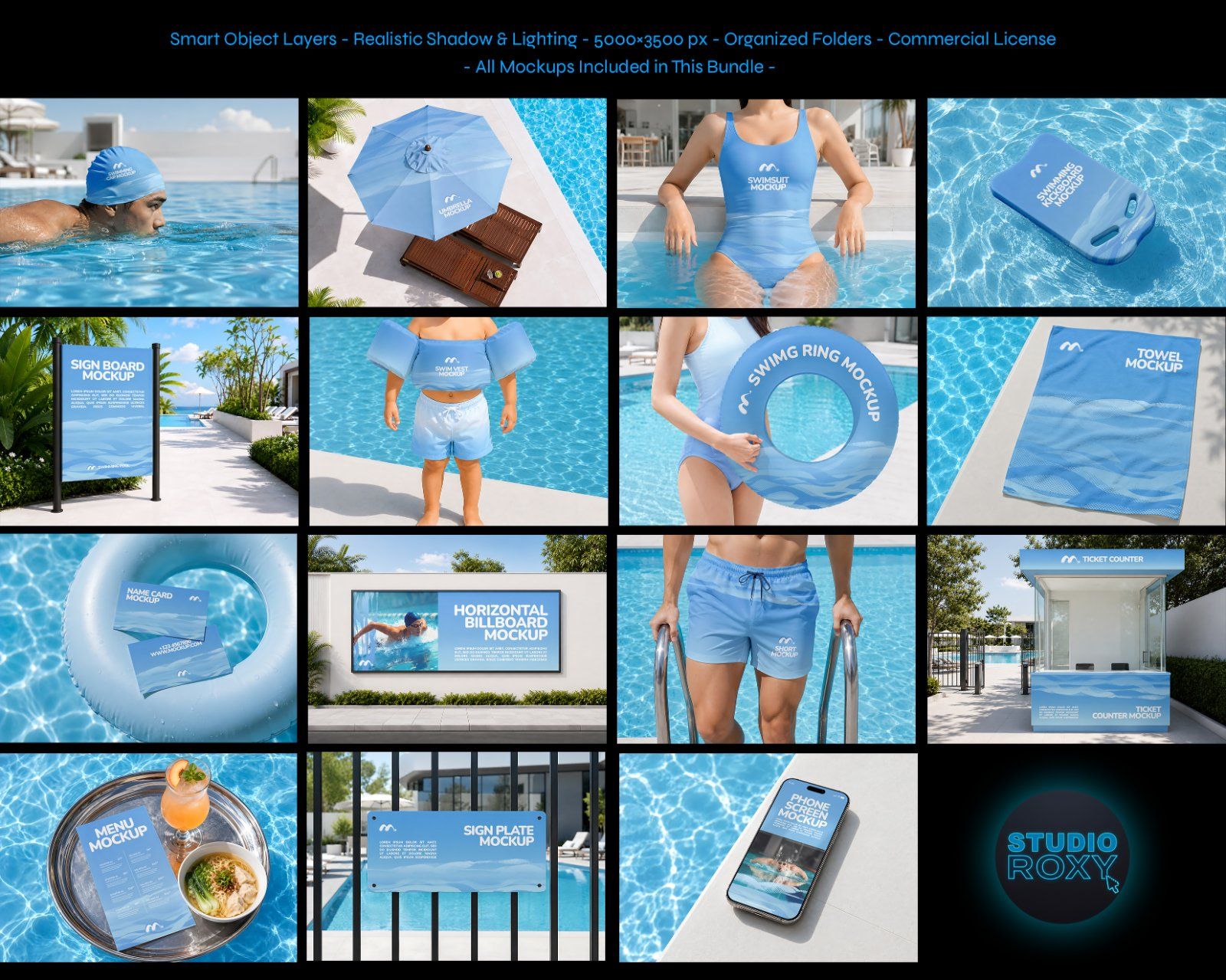 Premium Swimming Pool Mockup Bundle – 15 Aesthetic PSD Scenes for Swimwear, Resort & Aquatic Sports