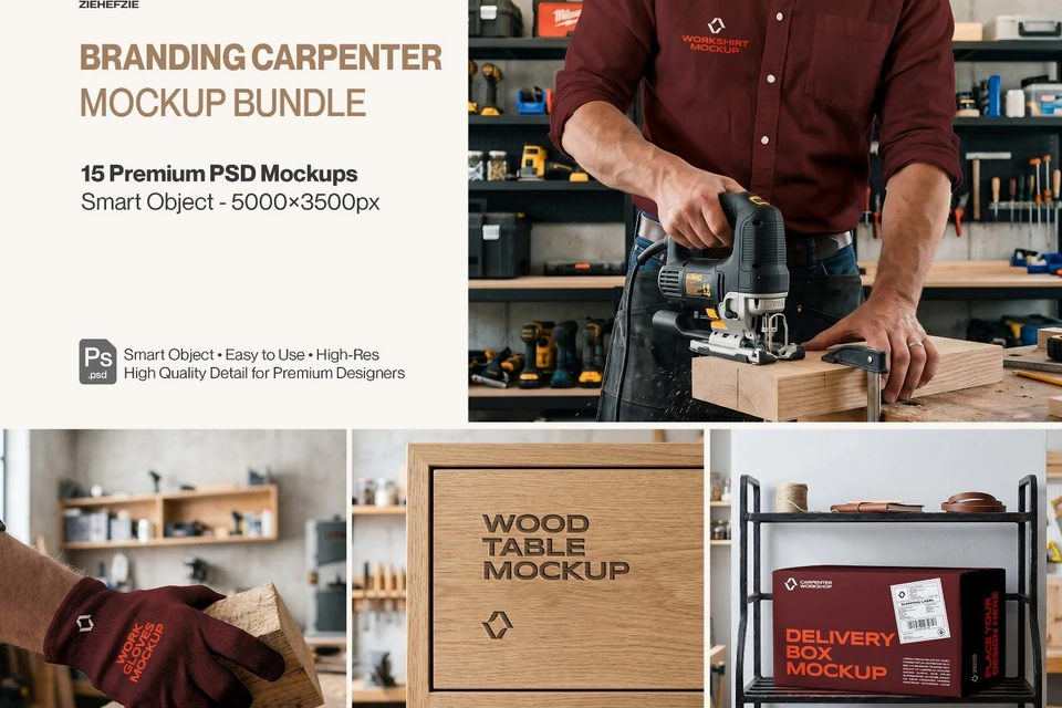 Ultimate Branding Carpenter Mockup Bundle – 15 Premium PSD Scenes for Woodworking & Industrial Ident