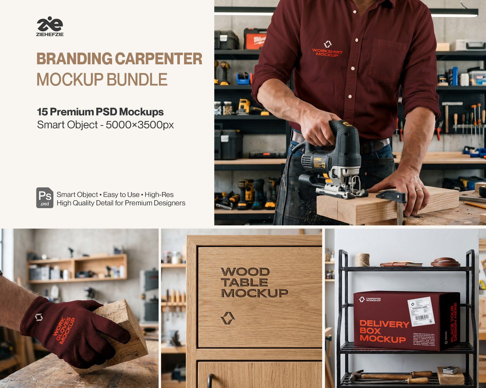 Ultimate Branding Carpenter Mockup Bundle – 15 Premium PSD Scenes for Woodworking & Industrial Ident