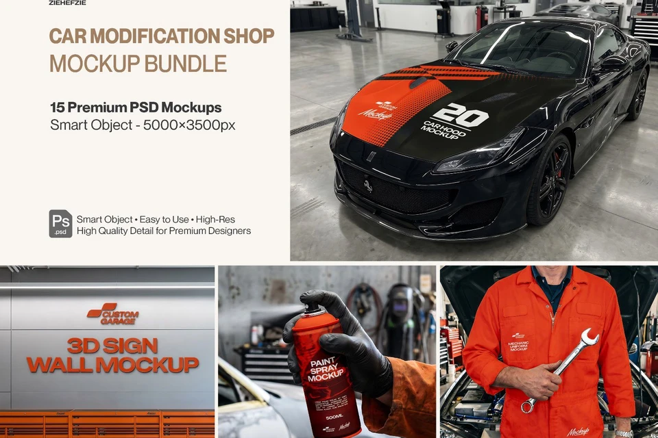 Ultimate Car Modification Shop Branding Mockup Bundle – 15 Premium PSD Scenes for Automotive & Tunin
