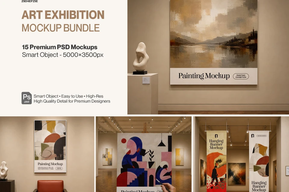 Art Exhibition Mockup Bundle - 15 PSD Templates Art Gallery & Exhibition Brand Identity Mockup Set
