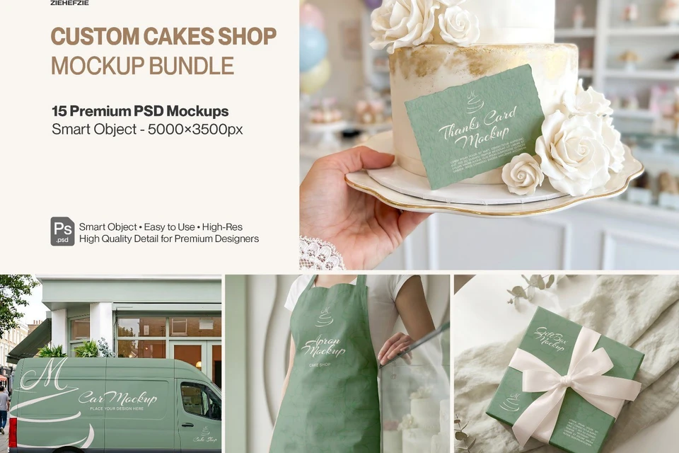 Premium Custom Cake Shop Branding Mockup Bundle – 15 Aesthetic PSD Scenes for Bakery & Patisserie Id