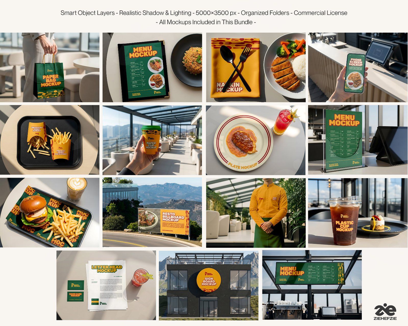 Restaurant Branding Mockup Bundle – 15 Premium PSD Mockups | Menu, Packaging, Cup & Uniform Mockups