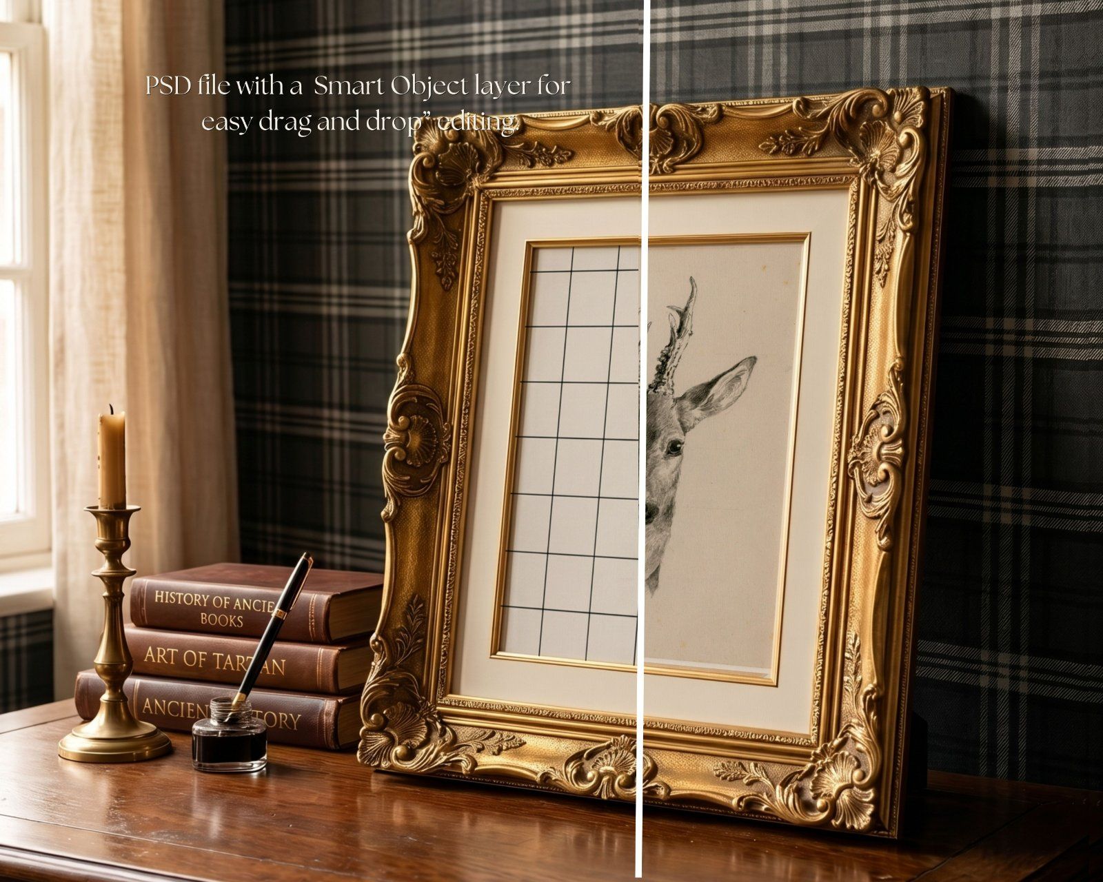 3:4 Gold Ornate Frame Mockup PSD, Vintage Antique Picture Frame Mockup, Editable Smart Object,