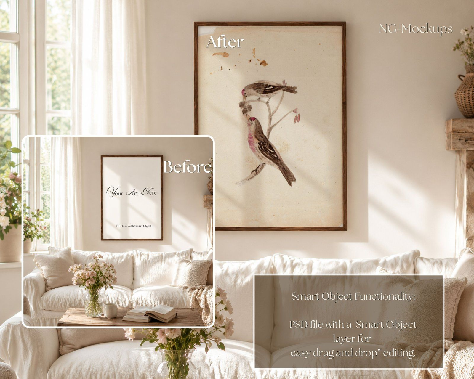Boho Frame Mockup Bundle,3:4 Vertical Wood Frame & 3:2 Horizontal Thin Wood Frame