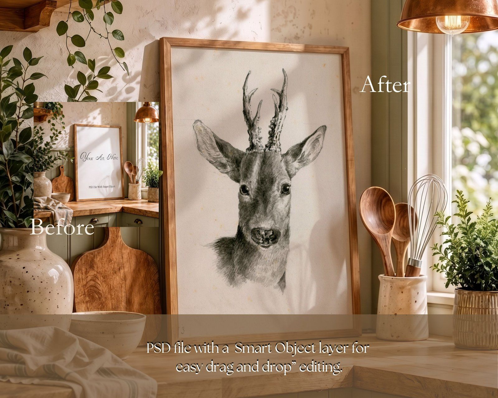country cottage kitchen 3x4 ratio frame mockup, wooden frame on the counter mockup,