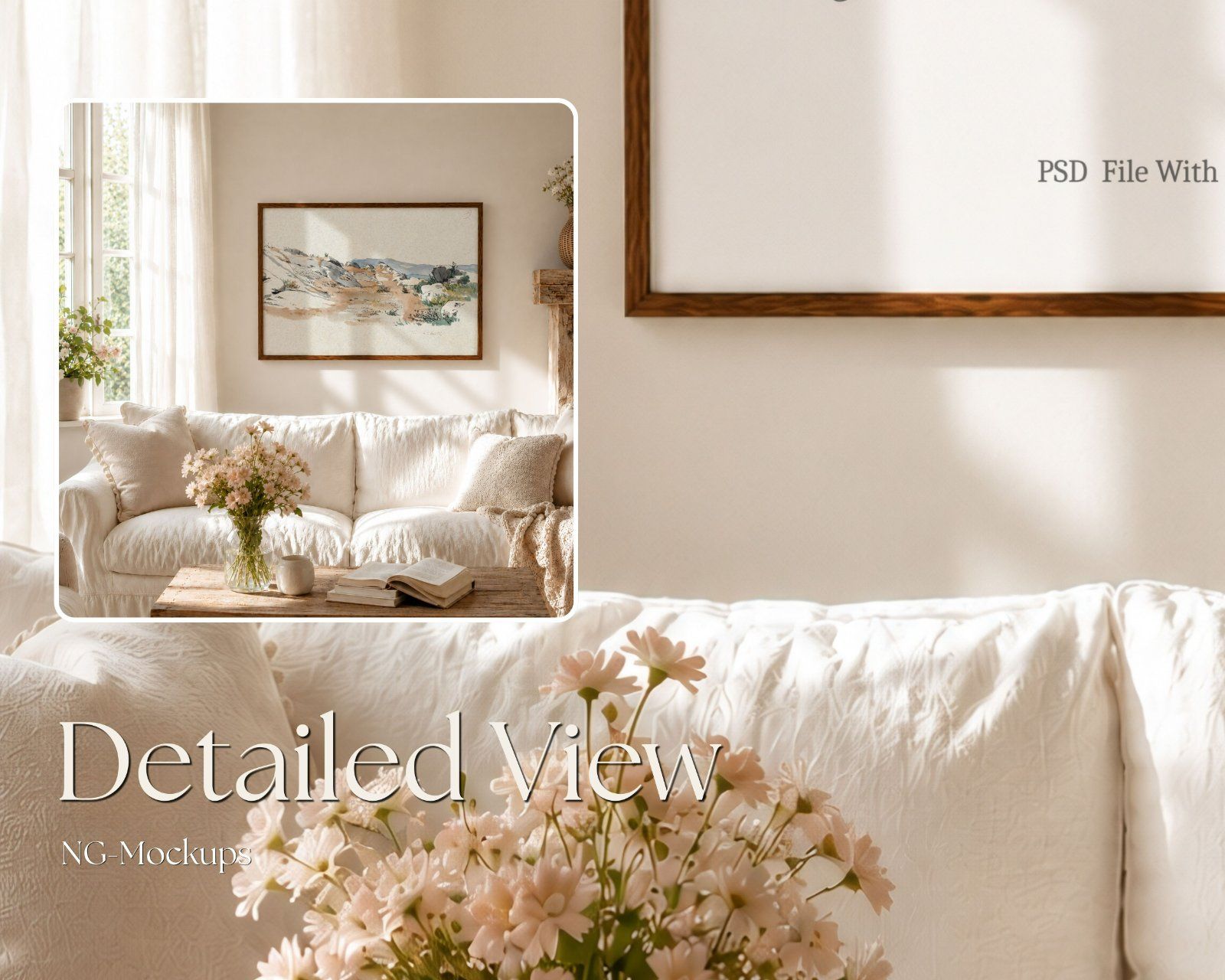 Boho Frame Mockup Bundle,3:4 Vertical Wood Frame & 3:2 Horizontal Thin Wood Frame