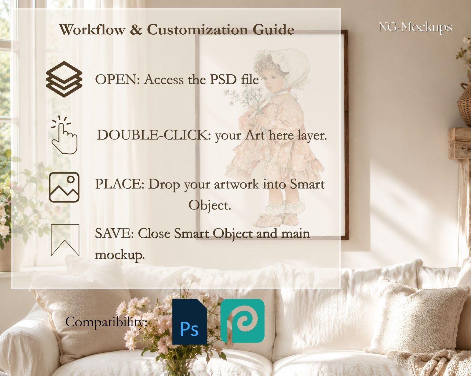 Boho Frame Mockup Bundle,3:4 Vertical Wood Frame & 3:2 Horizontal Thin Wood Frame