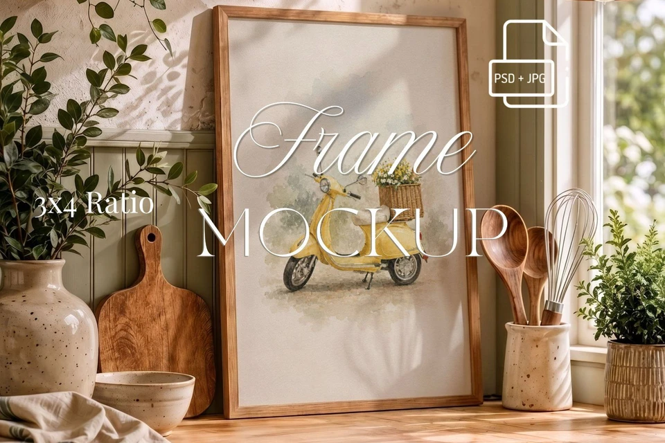 country cottage kitchen 3x4 ratio frame mockup, wooden frame on the counter mockup,