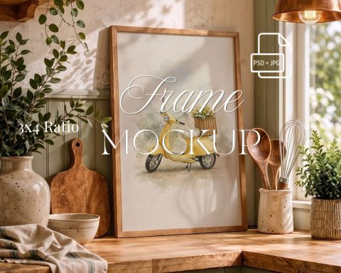 country cottage kitchen 3x4 ratio frame mockup, wooden frame on the counter mockup,
