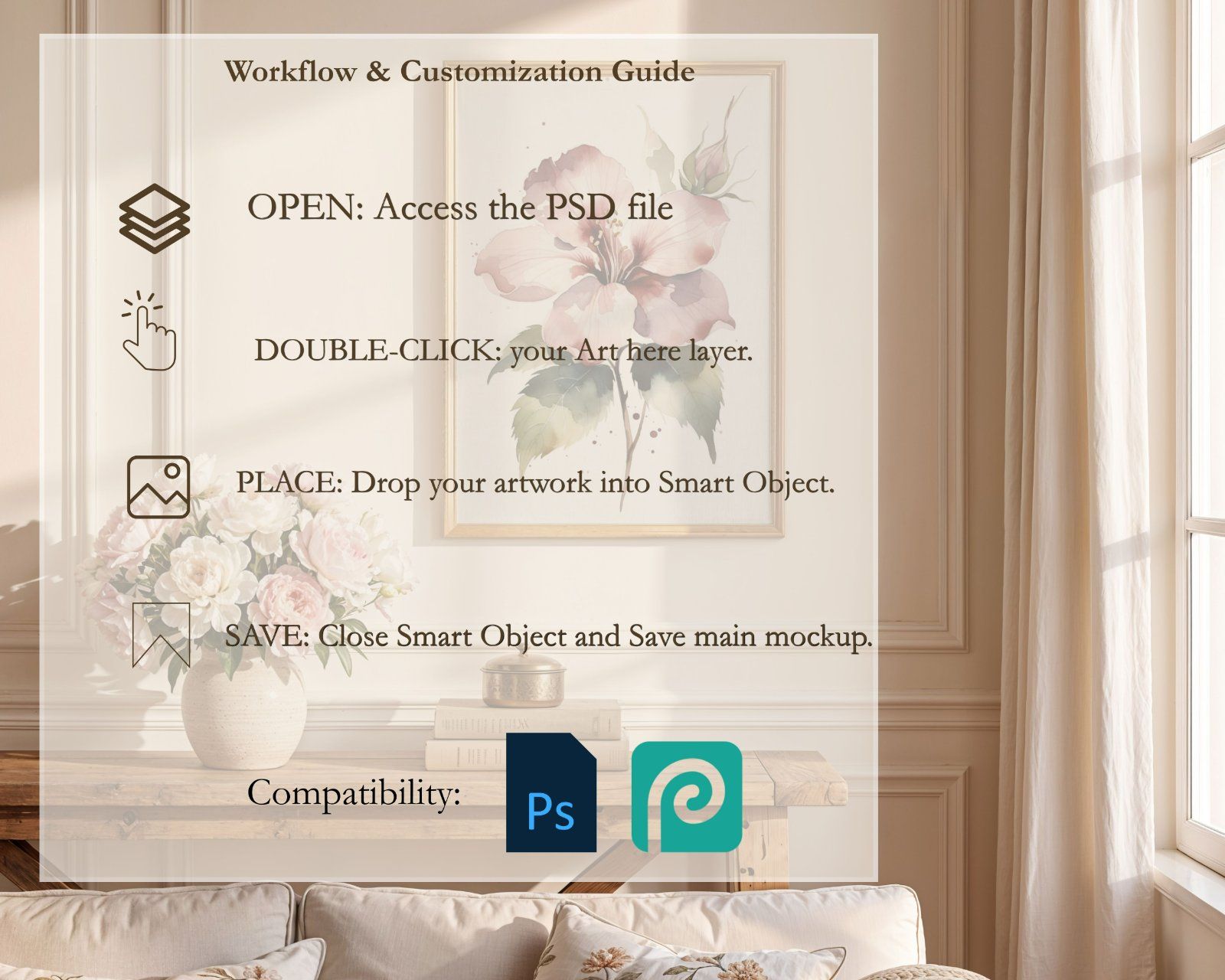 light wood frame in French interior, Vertical Art Display 3x4 ratio, editable PSD file,