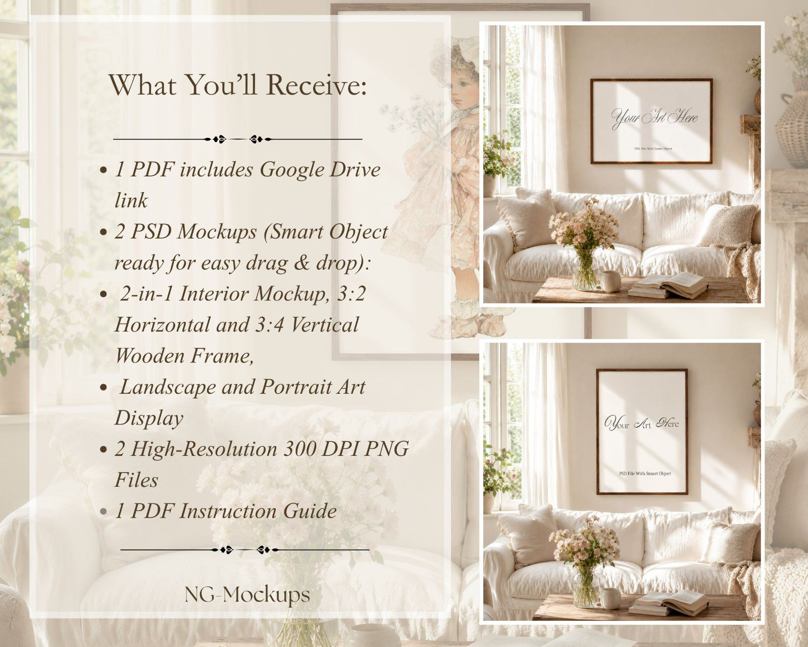 Boho Frame Mockup Bundle,3:4 Vertical Wood Frame & 3:2 Horizontal Thin Wood Frame
