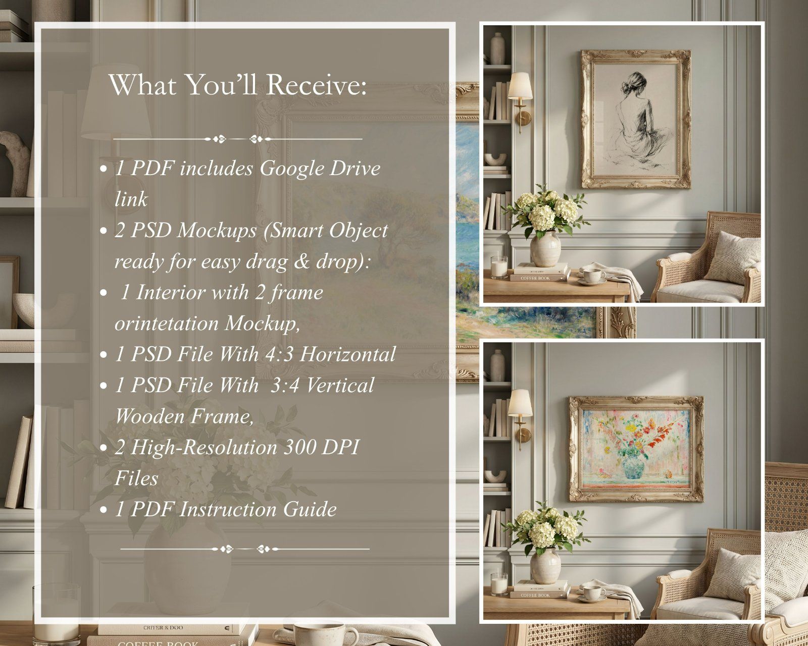 vintage gold frame mockup set, portrait frame 3x4 ratio and horizontal frame 4x3 ratio, photoshop an