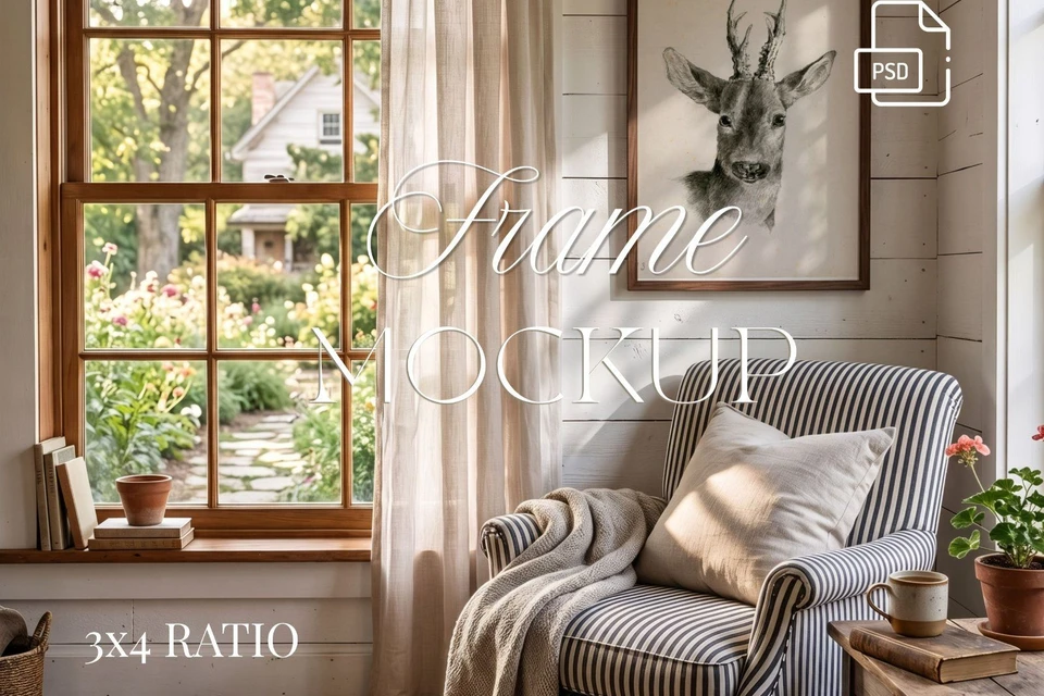 3:4 Wooden Frame Mockup, Rustic Farmhouse Wall Art Scene (PSD, JPG),