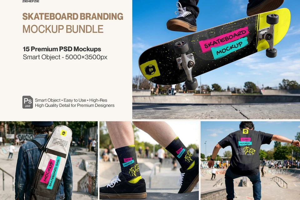 Ultimate Skateboard Branding Mockup Bundle – 15 Premium PSD Scenes for Urban Streetwear & Skate Cult