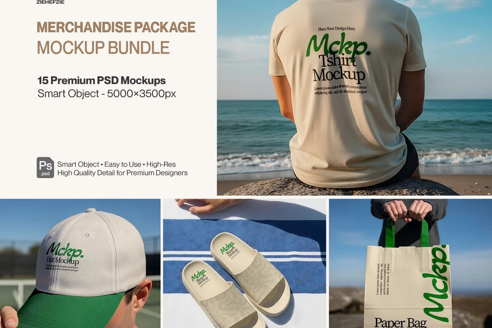 Merchandise Mockup Bundle PSD – T-Shirt, Cap, Tote Bag & Lifestyle Branding Scenes