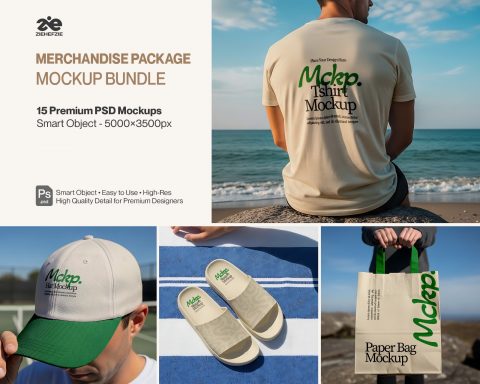Merchandise Mockup Bundle PSD – T-Shirt, Cap, Tote Bag & Lifestyle Branding Scenes